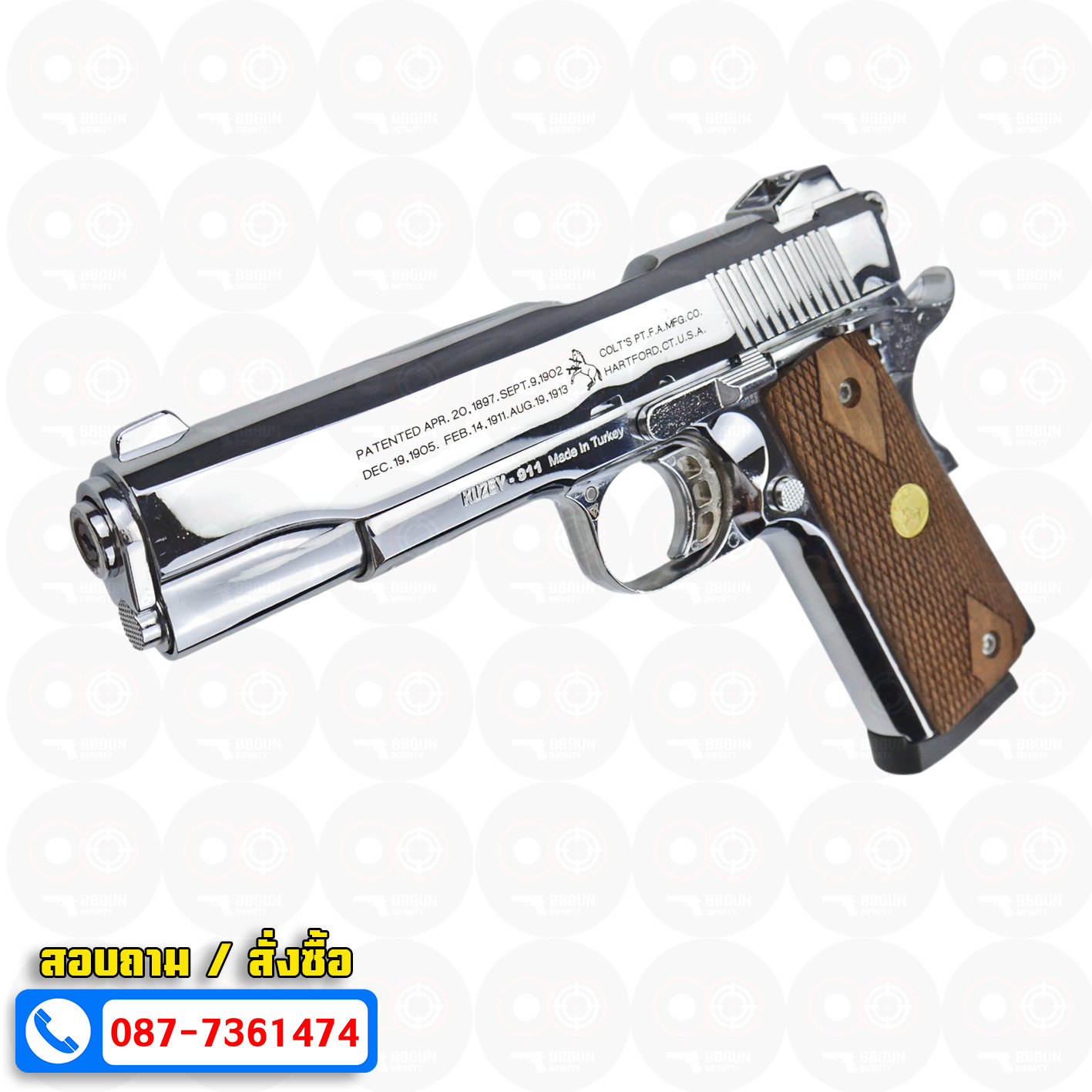 แบลงค์กัน KUZEY M1911 COLT'S 100 ปี สีเงินเงา ลำกกล้อง 5 นิ้ว blank gun ด้ามไม้ (แถมกล่องใส่ปืน)