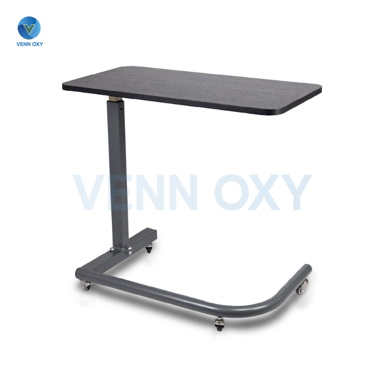 โต๊ะคร่อมเตียงปรับโช๊คมีล้อเลื่อนลายไม้ ฐานตัว U