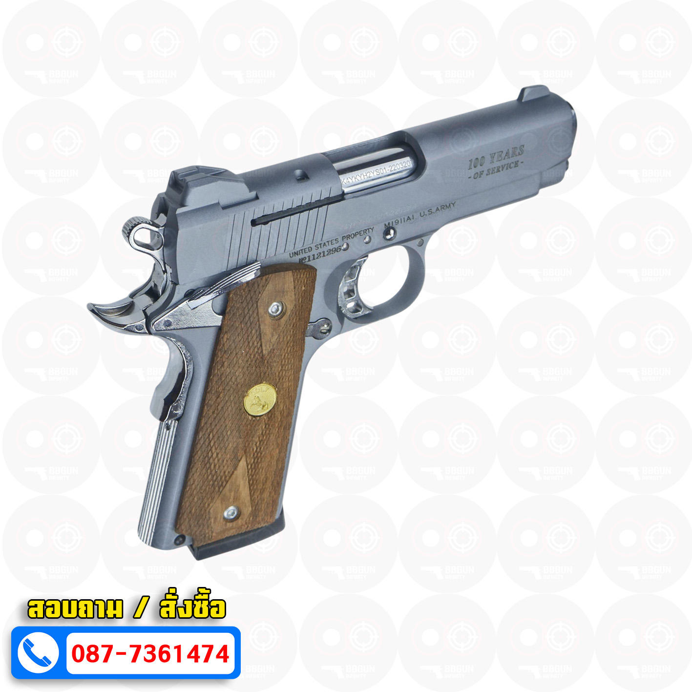 แบลงค์กัน KUZEY M1911 COLT'S 100 ปี สีสโมค 4 นิ้ว blank gun ด้ามไม้