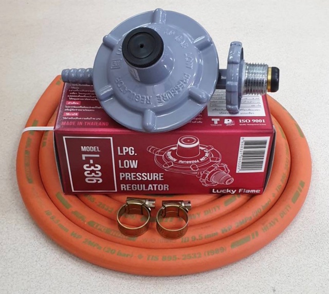หัวปรับแรงดันต่ำ ลัคกี้เฟลม L-336 รุ่นใหม่ พร้อมสายแก๊ส NCR คุณภาพสูง มาตรฐาน มอก. 2 เมตร ตัวรัด 2 ตัว