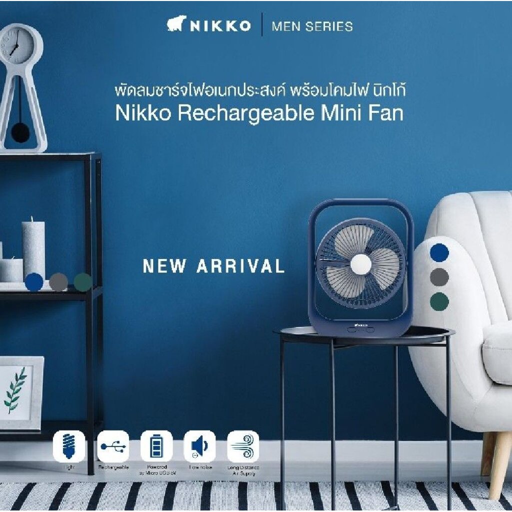 NIKKO พัดลมชาร์จไฟอเนกประสงค์ แบบพกพา พร้อมโคมไฟ รุ่น NKMF-L2837