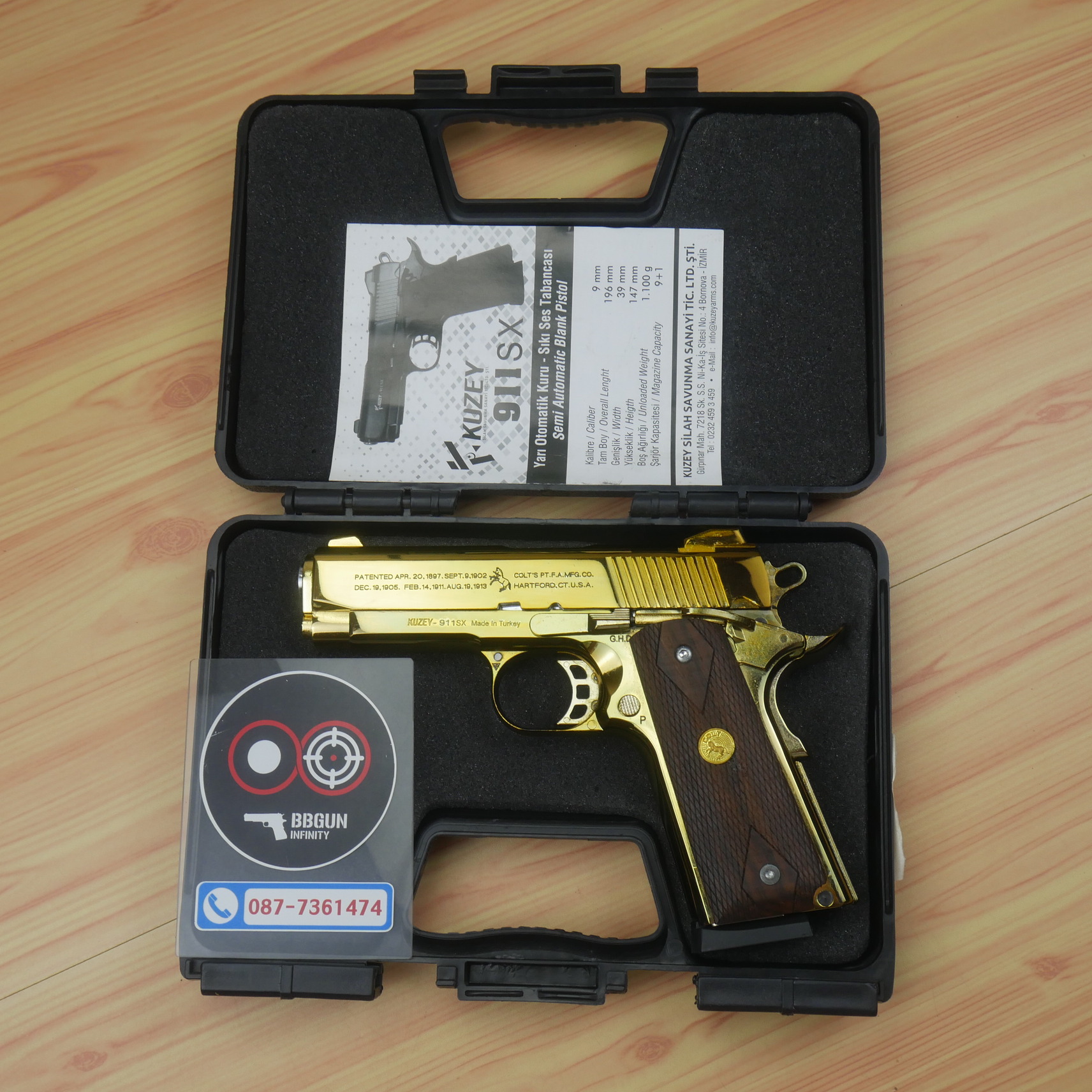Blank Gun KUZEY M1911 COLT'S 100 ปี สีทอง 4 นิ้ว แบลงค์กัน ด้ามไม้