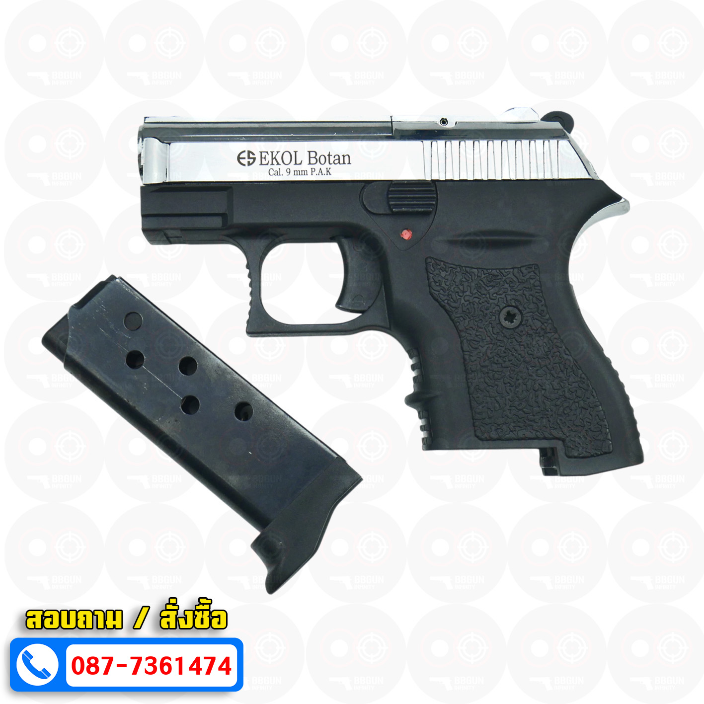 แบลงค์กัน EKOL BOTAN Shiny Chrome สีโครเมี่ยมเงา 9 mm P.A.K. Blank gun (แถมกล่องใส่ปืน)