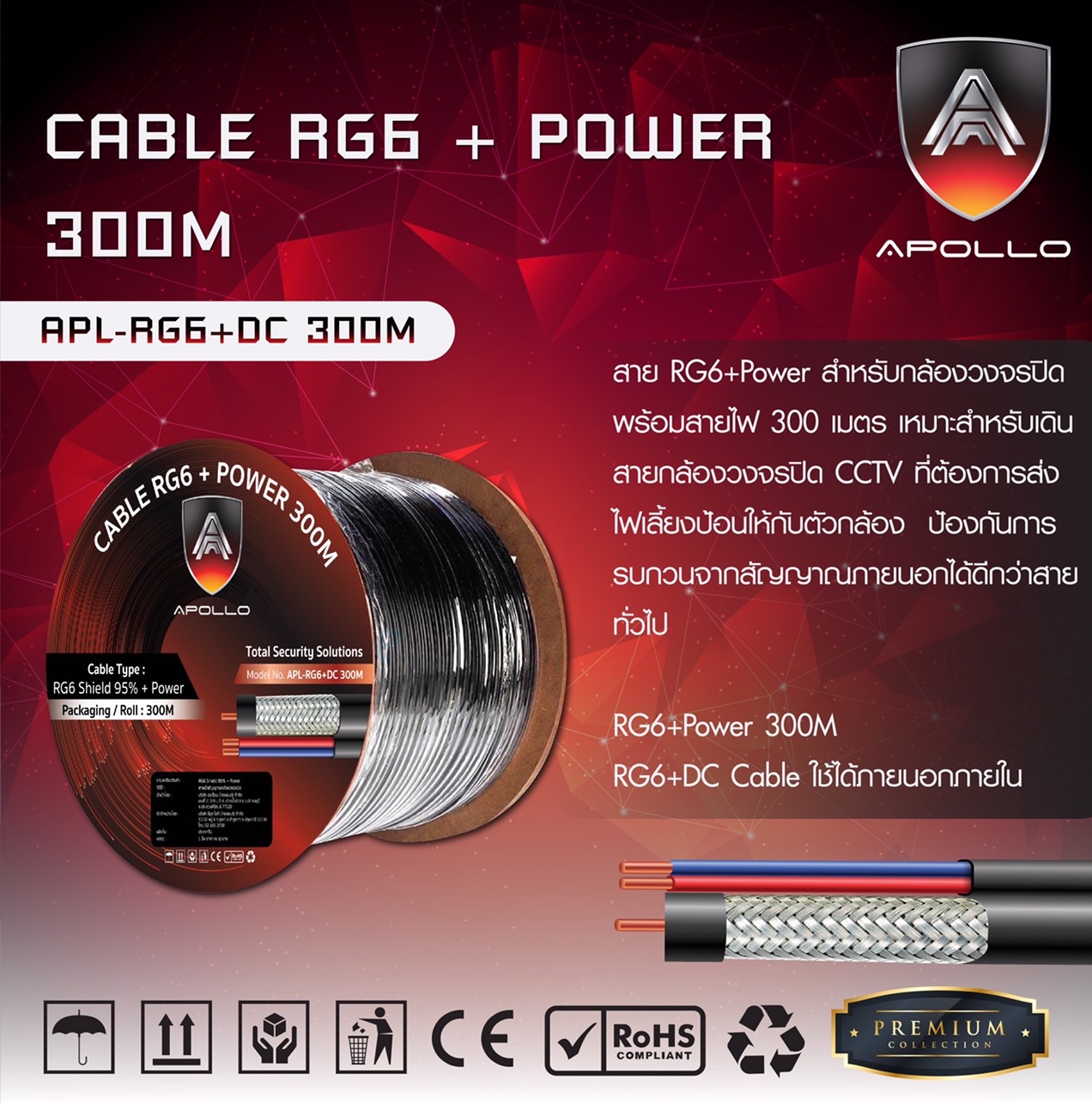 Apollo สายCoaxial Cable RG6+Power 300M สายสัญญาณกล้องวงจรปิด+สายไฟ Shield 95% สายอากาศทีวี