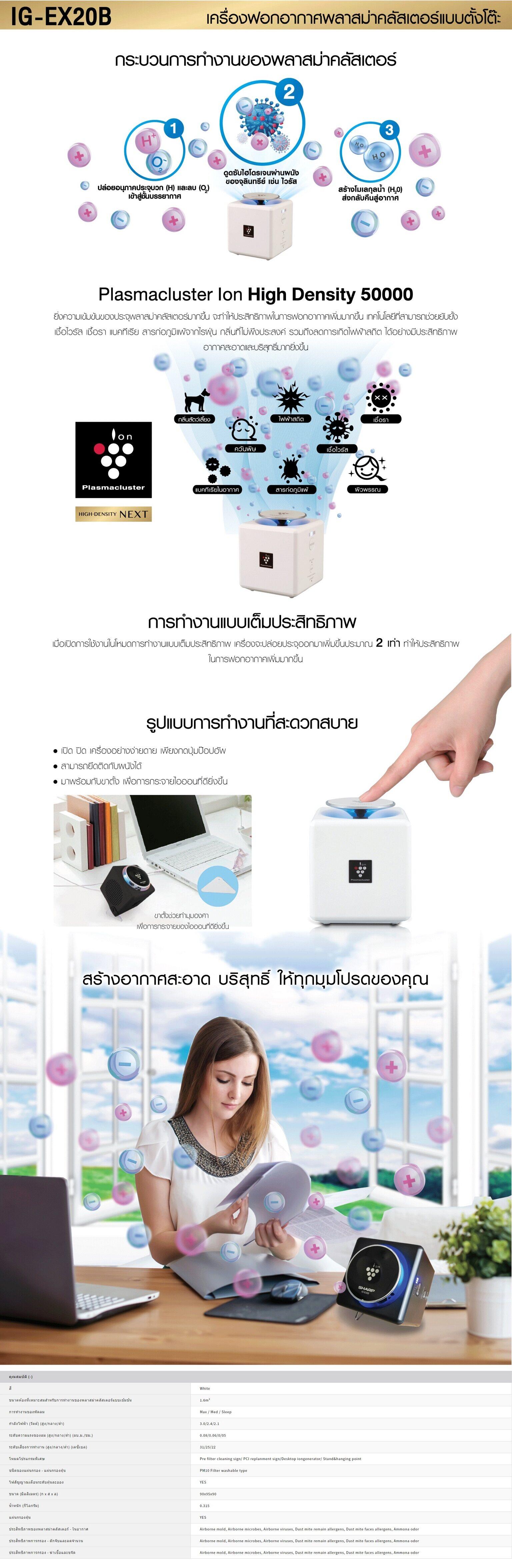 SHARP เครื่องฟอกอากาศ พลาสมาคลัสเตอร์ แบบพกพา รุ่น IG-EX20B-W