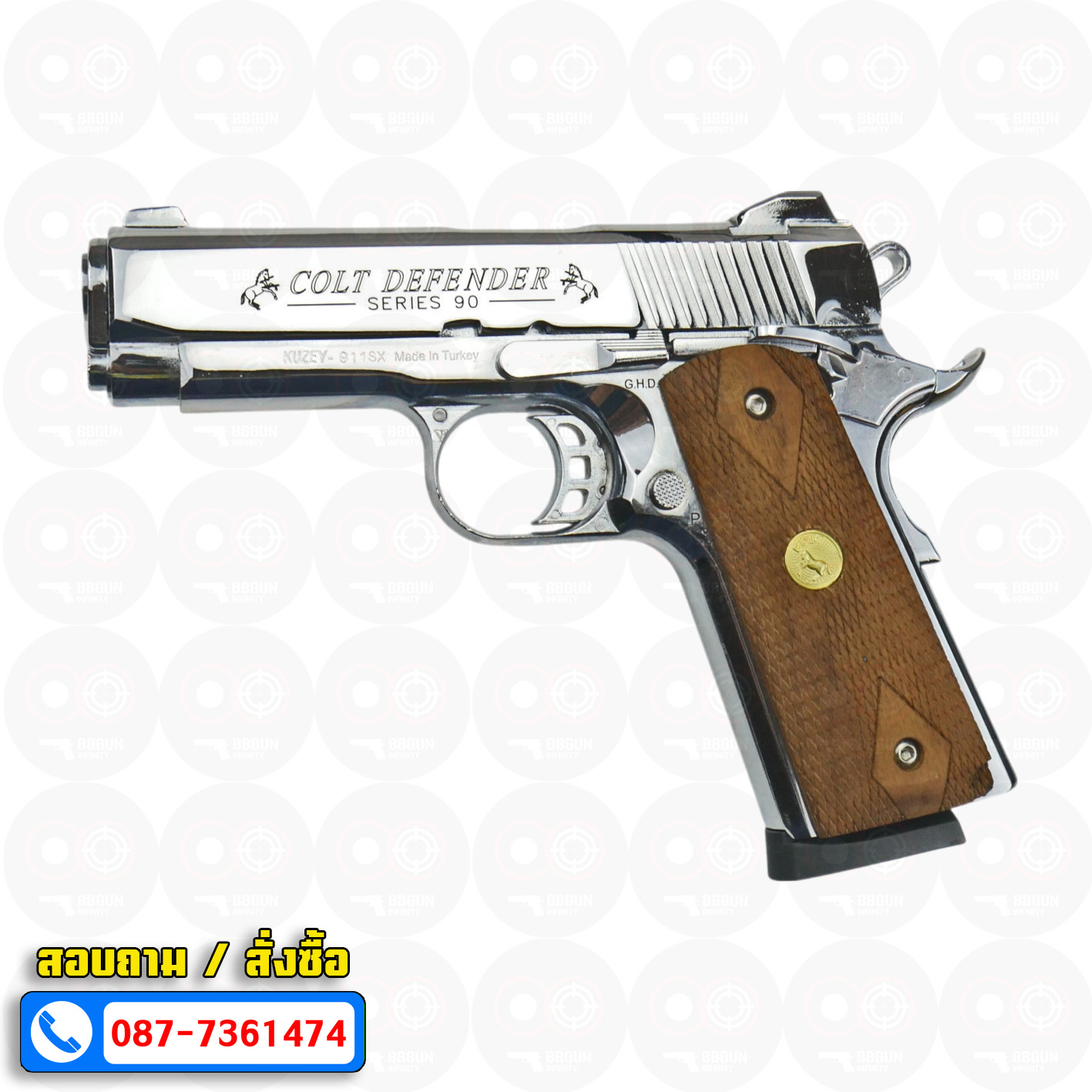 Blank Gun KUZEY M1911 COLT'S DEFENDER SERIES 90 ลำกล้อง 4 นิ้ว เงินเงา แบลงค์กัน ด้ามไม้ (แถมกล่องใส่ปืน)