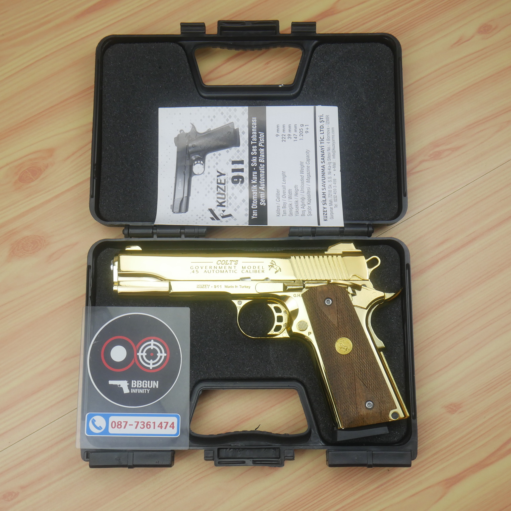 แบลงค์กัน KUZEY M1911 5 นิ้ว COLT GOVERMENT 100 Year สีทอง blank gun ด้ามไม้