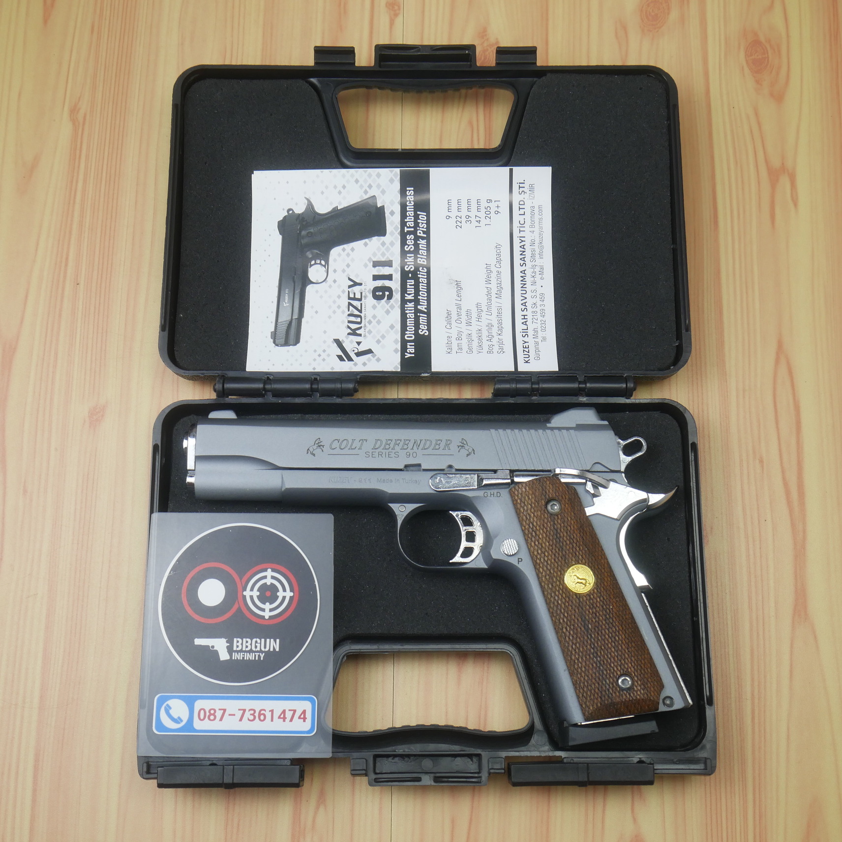 Blank Gun KUZEY M1911 COLT'S DEFENDER SERIES 90 ลำกล้อง 5 นิ้ว สีสโมค แบลงค์กัน ด้ามไม้ (แถมกล่องใส่ปืน)