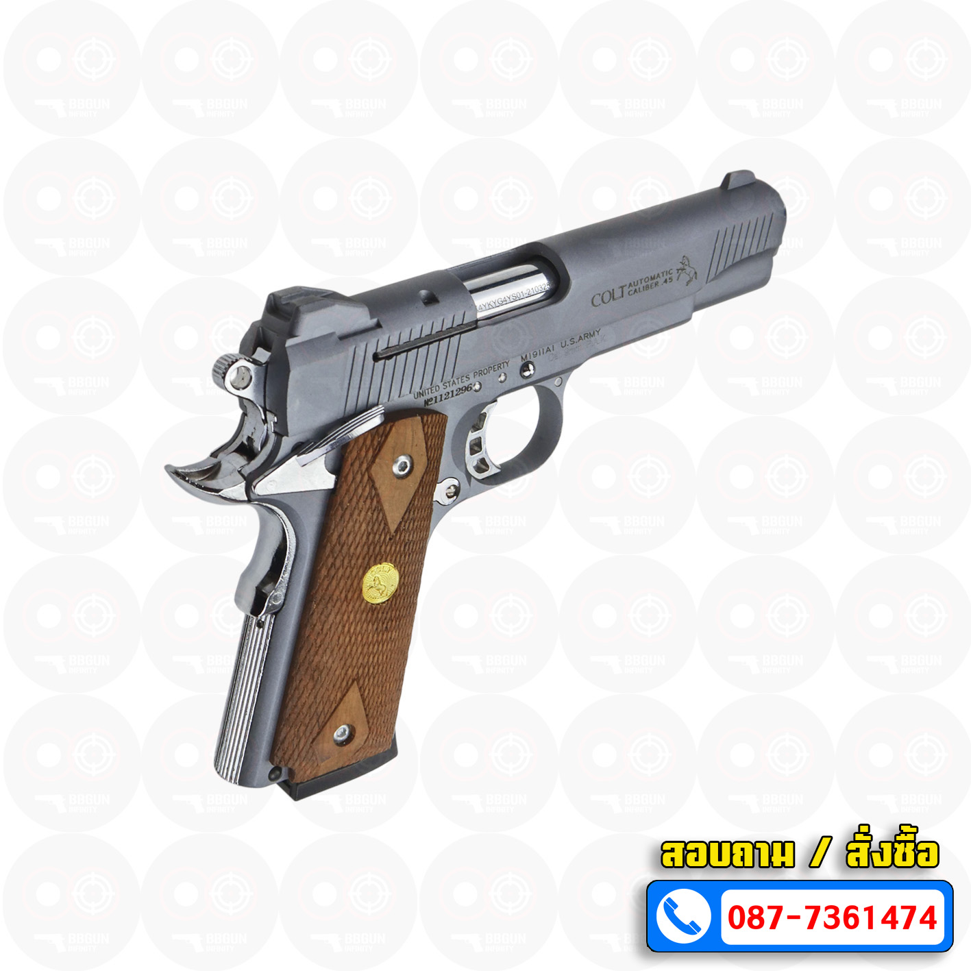 แบลงค์กัน KUZEY M1911 ลำ 5 นิ้ว COLT'S MK IV SERIES'70 blank gun สีสโม๊ค (smoke) ด้ามไม้