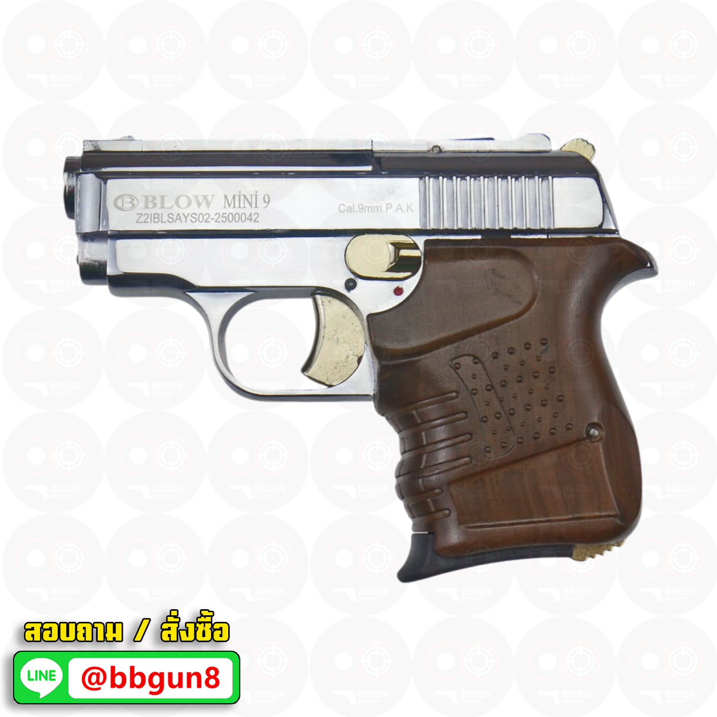 แบลงค์กัน BLOW MINI 9 สีเงินเงาไกทองด้ามลายไม้ GOLDEN PARTS WOODEN GRIPS Blank Gun ( 2 แม็กกาซีน + กล่องปืน )