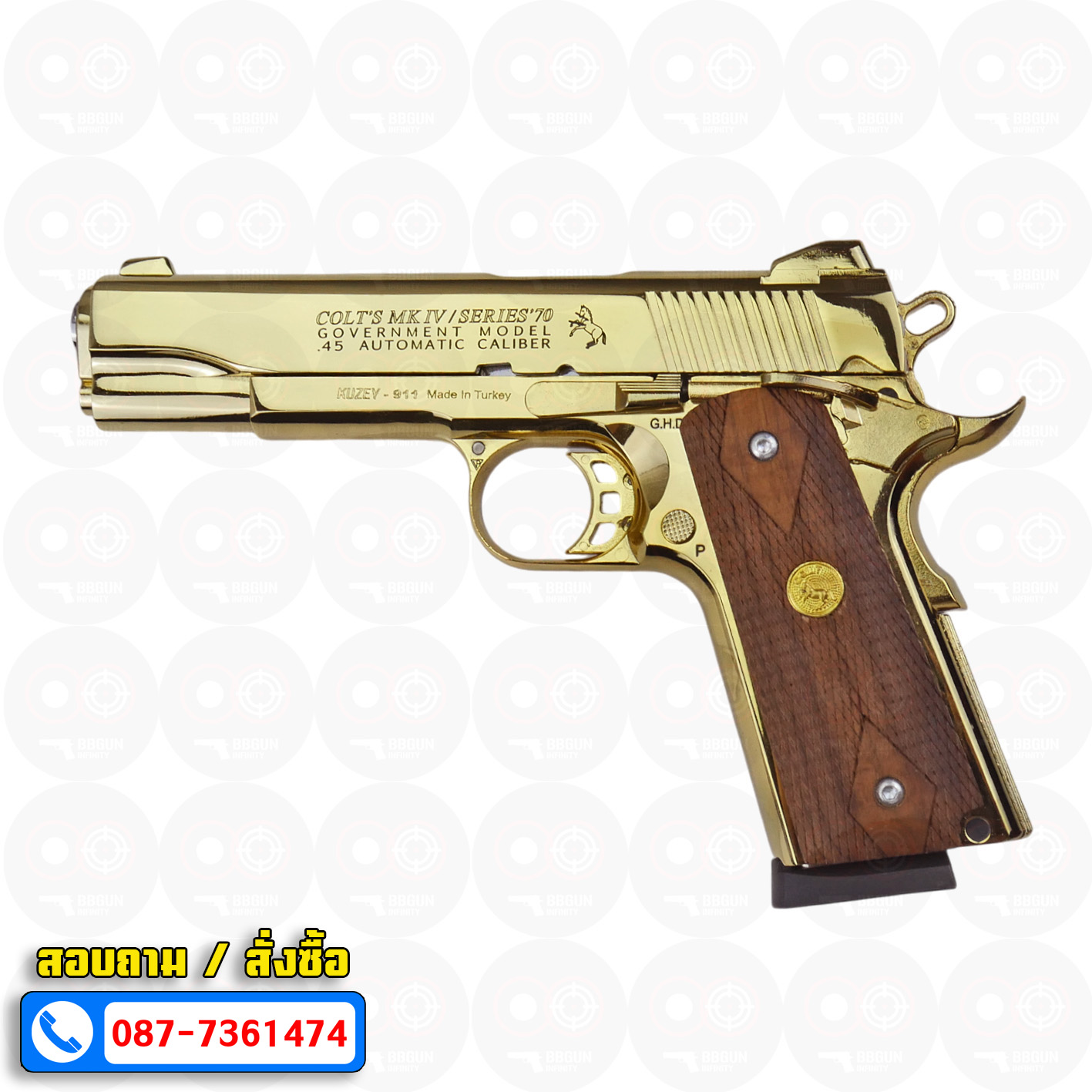 แบลงค์กัน KUZEY M1911 ลำ 5 นิ้ว COLT'S MK IV SERIES'70 blank gun สีทอง ด้ามไม้