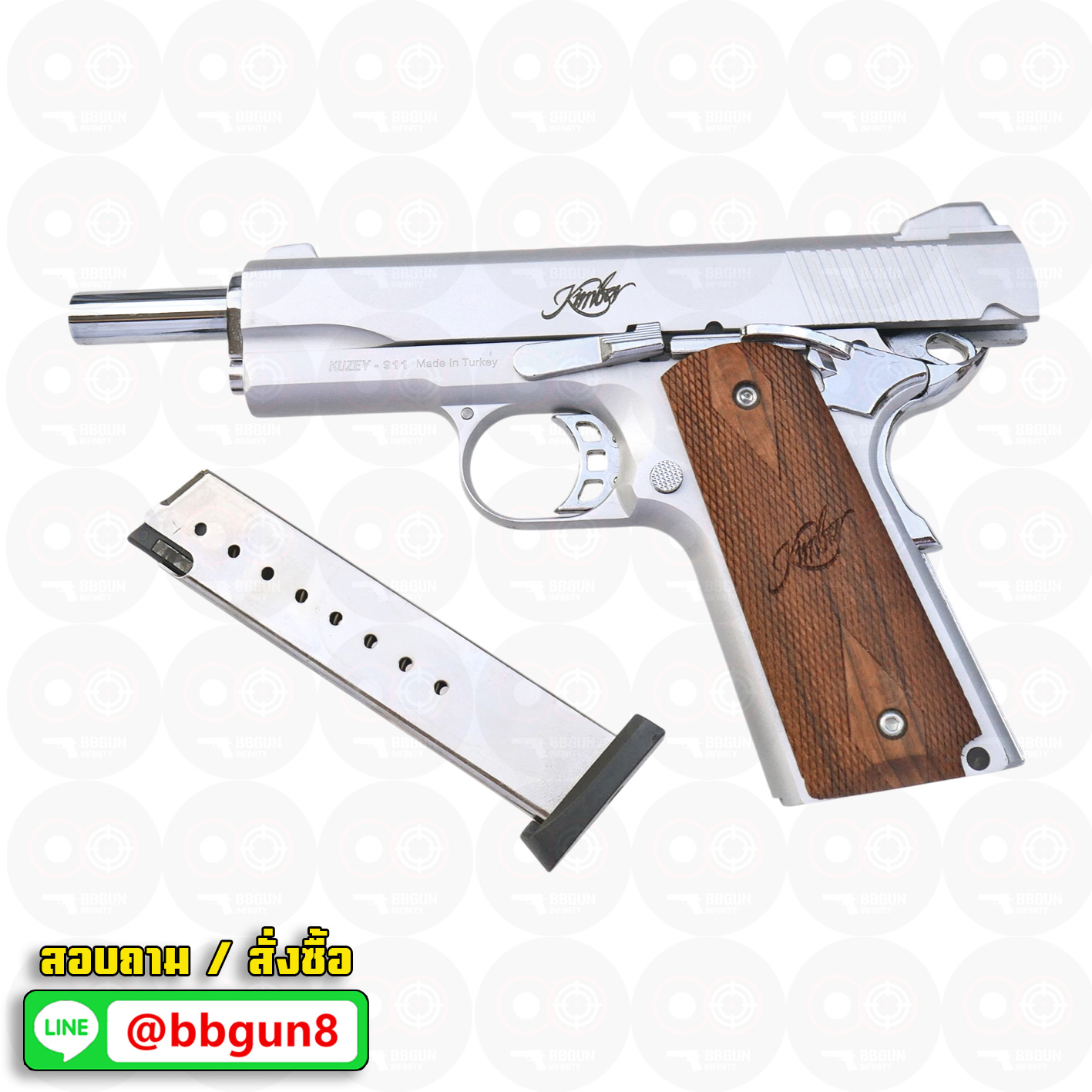 แบลงค์กัน KUZEY M1911 ลำกล้อง 5 นิ้ว KIMBER blank gun สีเงินด้าน ด้ามไม้ (แถมกล่องใส่ปืน)
