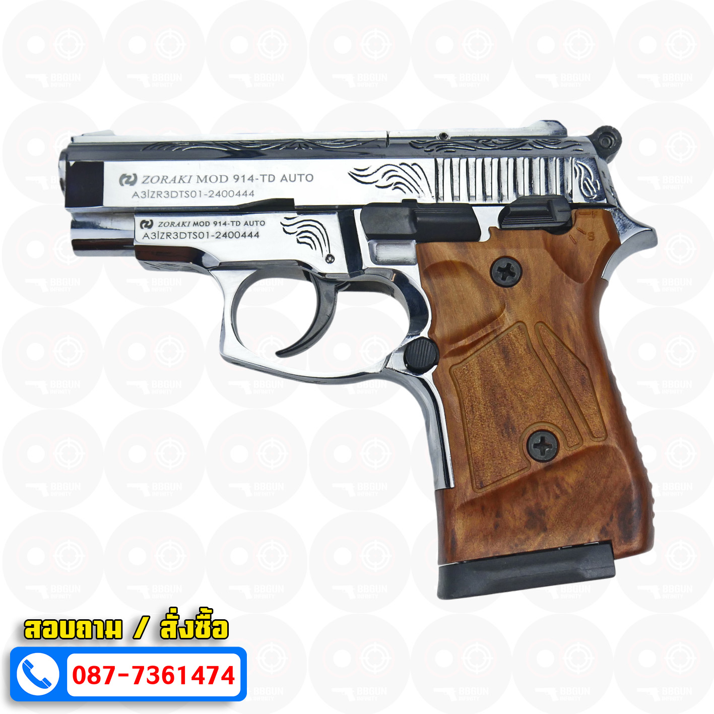 ปืนแบลงค์กัน Zoraki 914-TD Auto สีเงินเงาแกะลาย ด้ามลายไม้ 9mm P.A.K. Blank gun (แถมกล่องใส่ปืน)