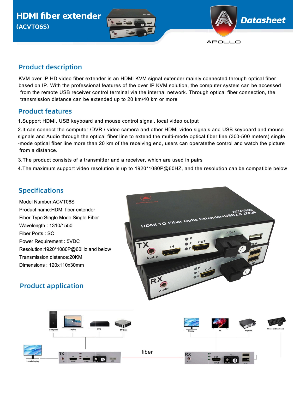 ACVT-06(S) HDMI to Fiber optic Extender+USB 1080p 20km.
