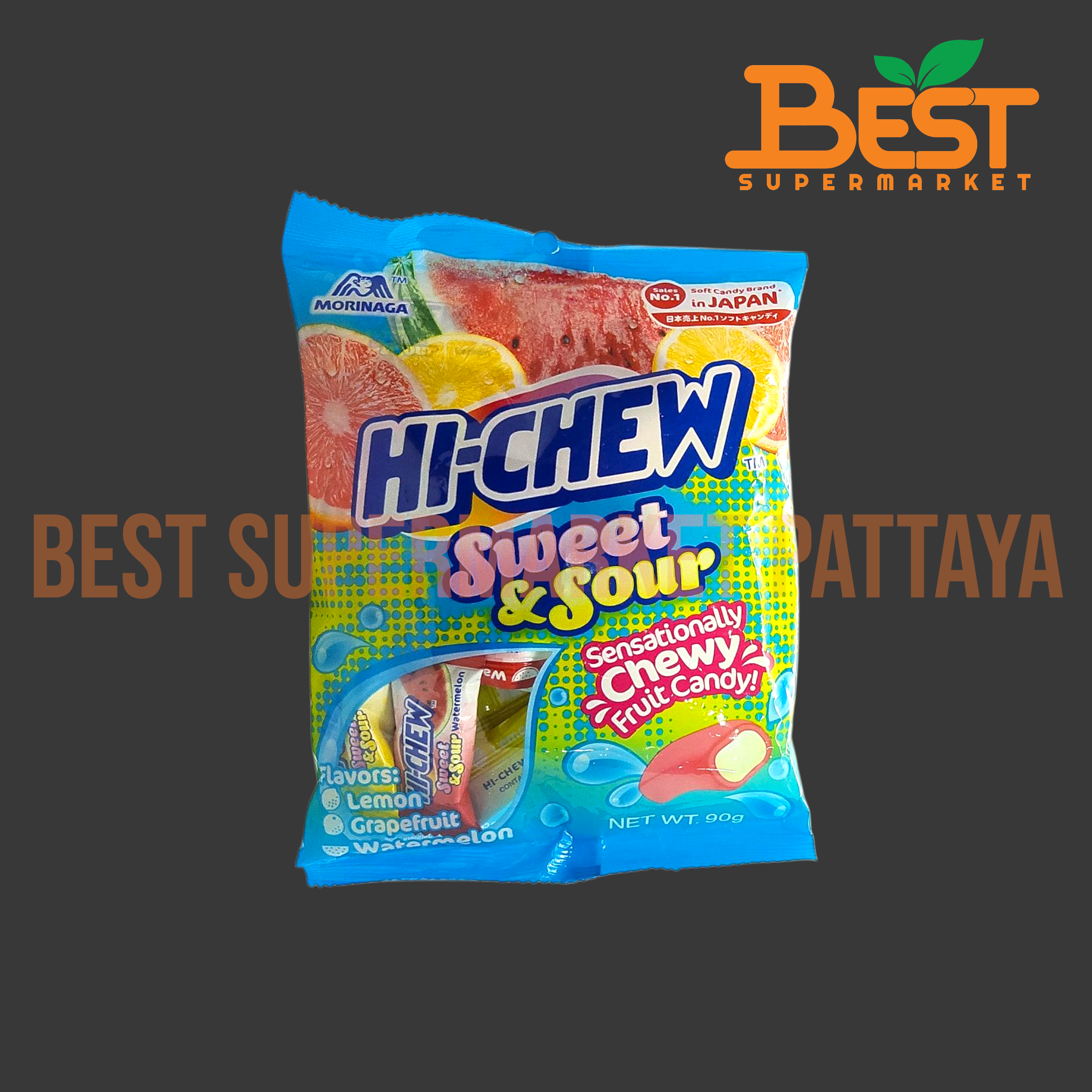 โมรินากะ ไฮ-ชิว ลูกอมเคี้ยวหนึบ รสแตงโม รสเลมอนและรสเกรปฟรุต 90 กรัม.Morinaga Hi-Chew Sweet And Sour 90 g.