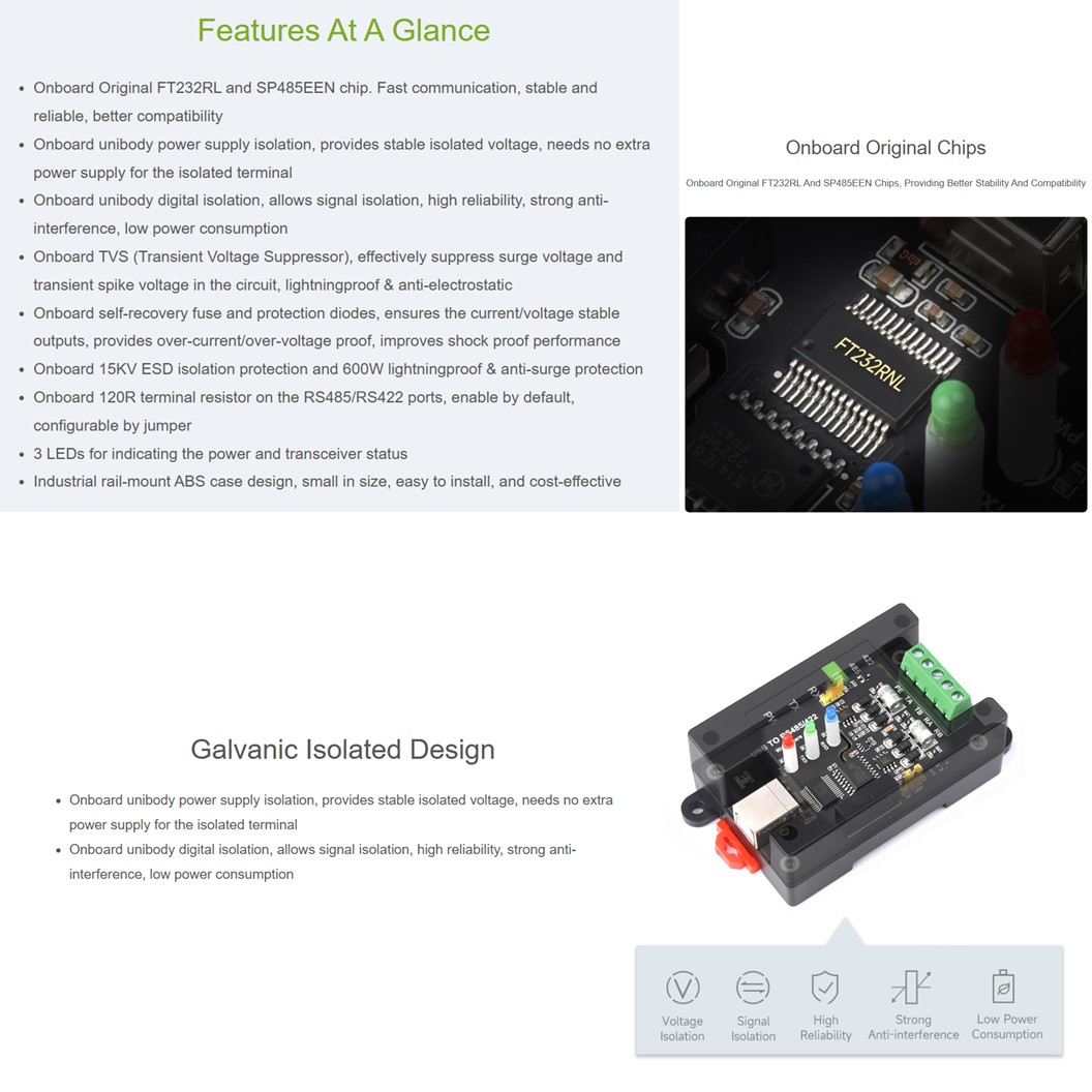 ZE104 WAVESHARE USB to RS485/422 ตัวแปลงสัญญาณ Industrial Grade Isolated Converter, Onboard Original FT232RL and SP485EEN, Multiple Protection