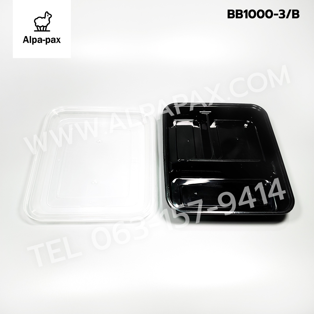 กล่องอาหารพลาสติก+ฝา 3 ช่อง 900ml.ฝาโดม สีดำ(ลัง 150ใบ) กล่องไมโครเวฟ กล่องข้าว กล่องอาหาร กล่องใส่อาหาร