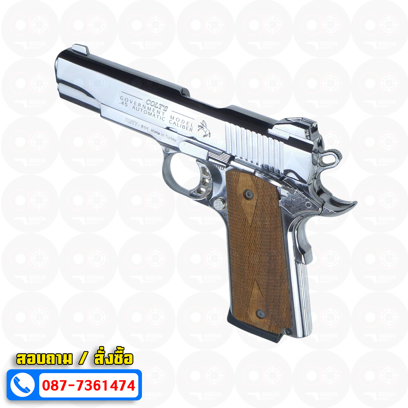 แบลงค์กัน KUZEY M1911 COLT GOVERMENT 100 Year เงินเงา 5 นิ้ว blank gun ด้ามไม้