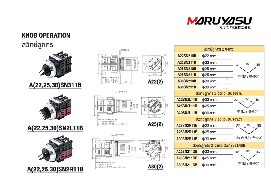 MARUYASU A22SN2L11B, A25SN2L11B, A30SN2L11B,, สวิทช์ลูกศร 2 จังหวะ สีดำ ON-OFF สปริงซ้าย φ22 ,25,30 mm. 1NO 1NC