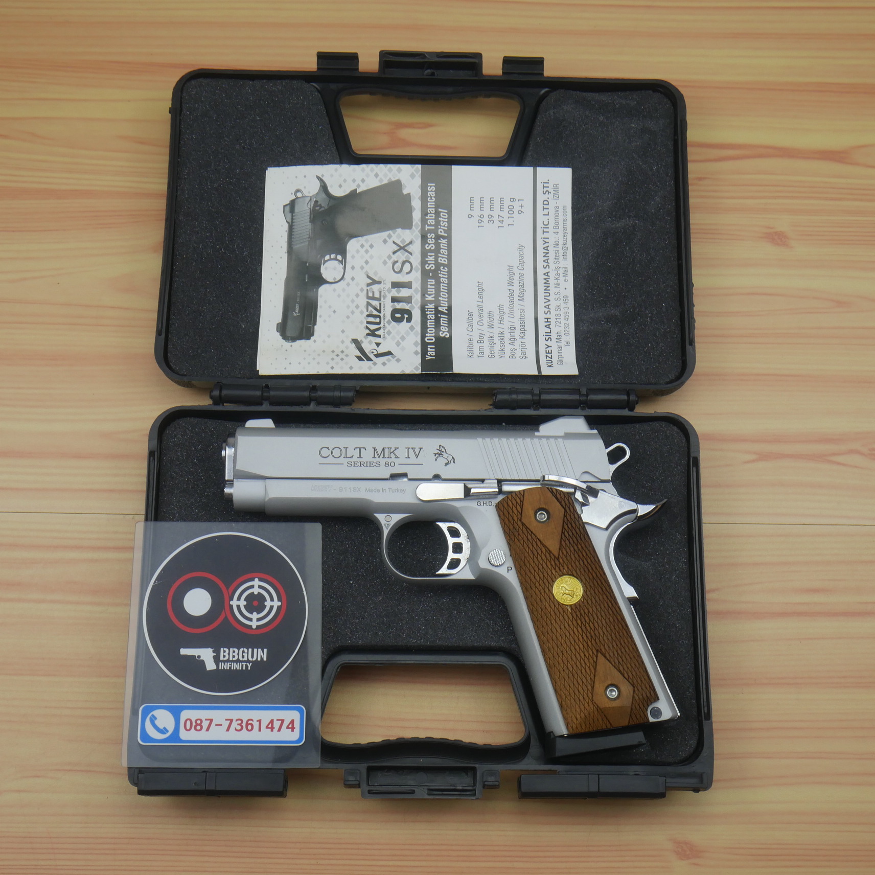 Blank Gun KUZEY M1911 COLT MK IV SERIES 80 ลำกล้อง 4 นิ้ว เงินด้าน แบลงค์กัน ด้ามไม้ (แถมกล่องใส่ปืน)