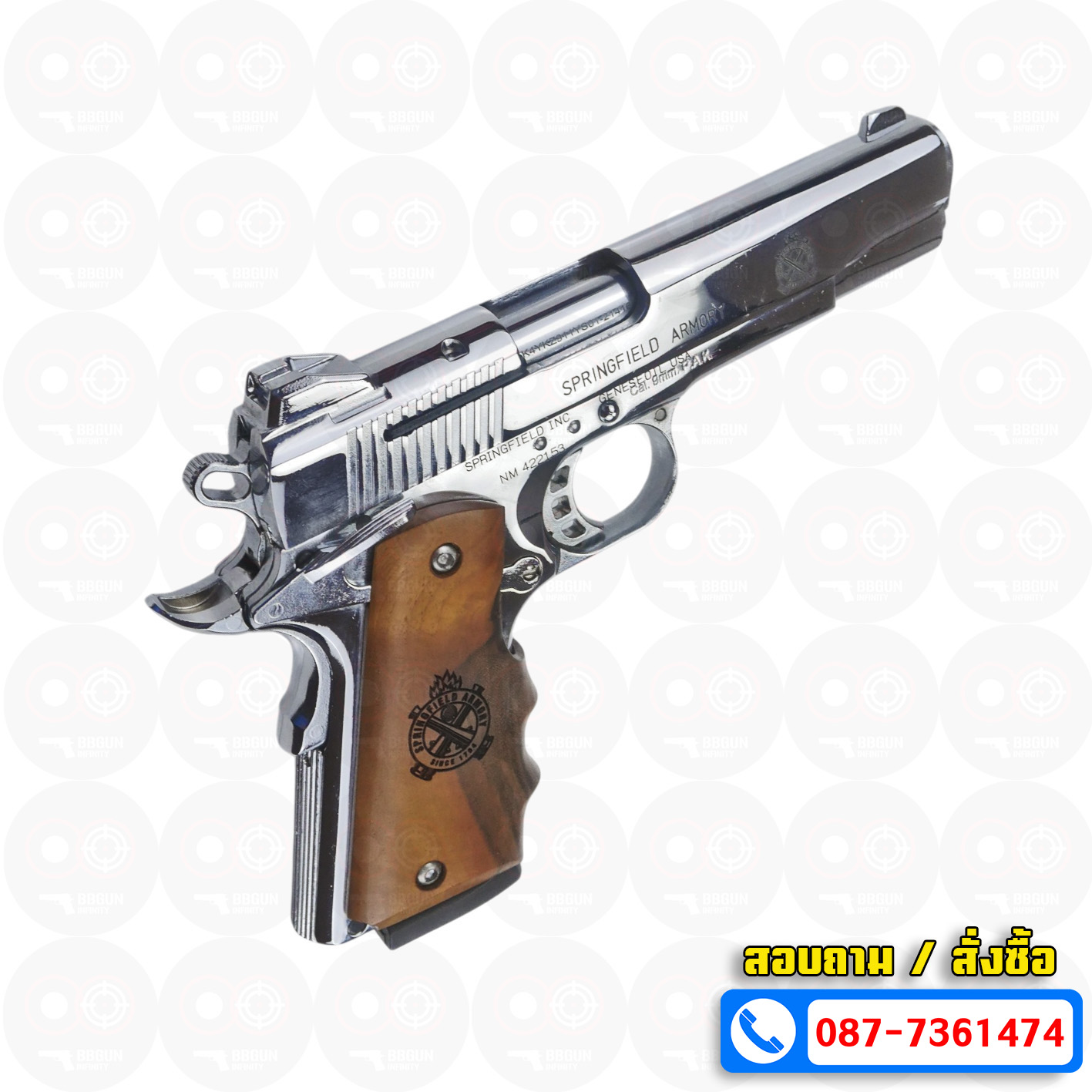 แบลงค์กัน KUZEY M1911-A1 ลำกล้อง 5 นิ้ว SPRINGFIELD ARMORY สีเงินเงา blank gun ด้ามไม้ (แถมกล่องใส่ปืน)