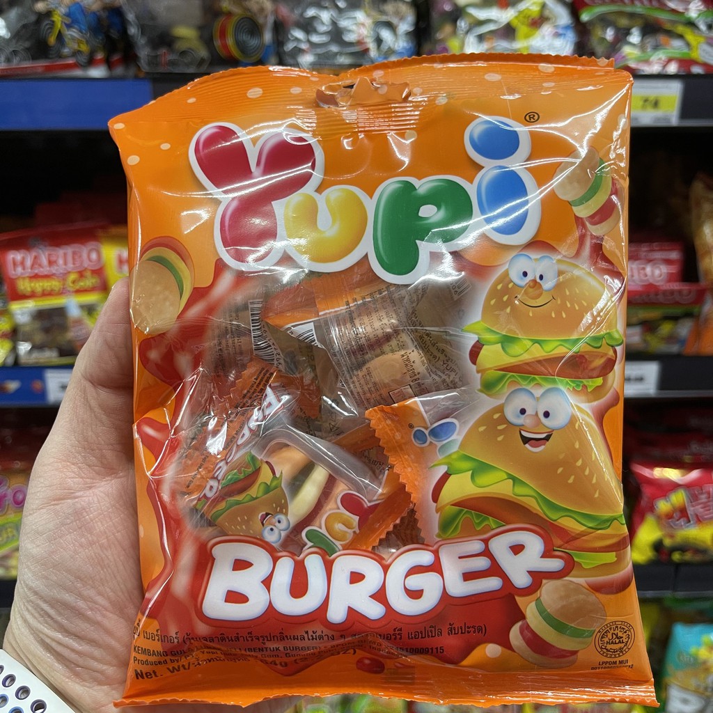 ยูปิ วุ้นเจลาตินสำเร็จรูป รูปเบอร์เกอร์ กลิ่นผลไม้ต่างๆ 64 กรัม Yupi Gummi Burger 64 g.