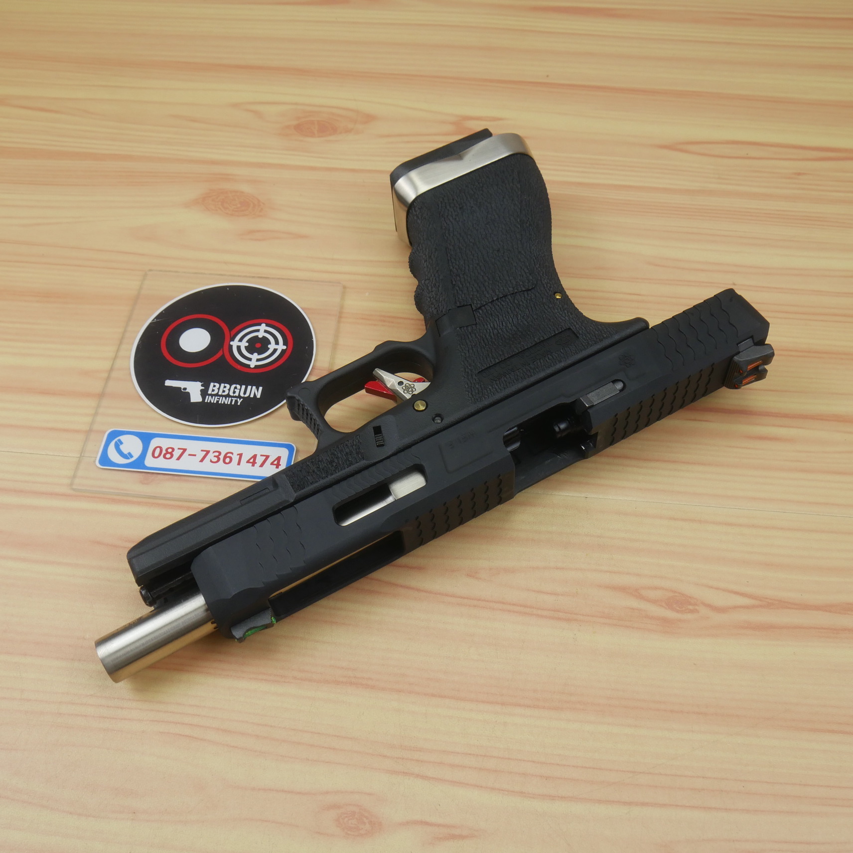 บีบีกันอัดแก๊ส WE G34 T5 G-Force GBB Glock 34 เฟรมดำ สไลด์ดำ ท่อเงิน BB GUN