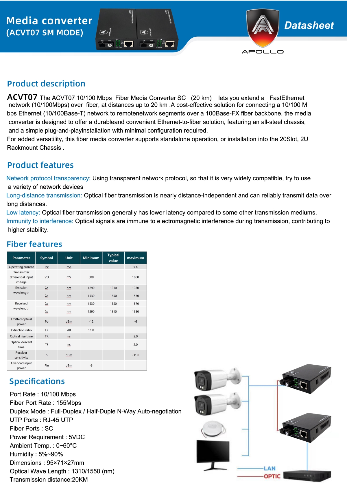 ACVT-07 10/100M 25KM Media Converter