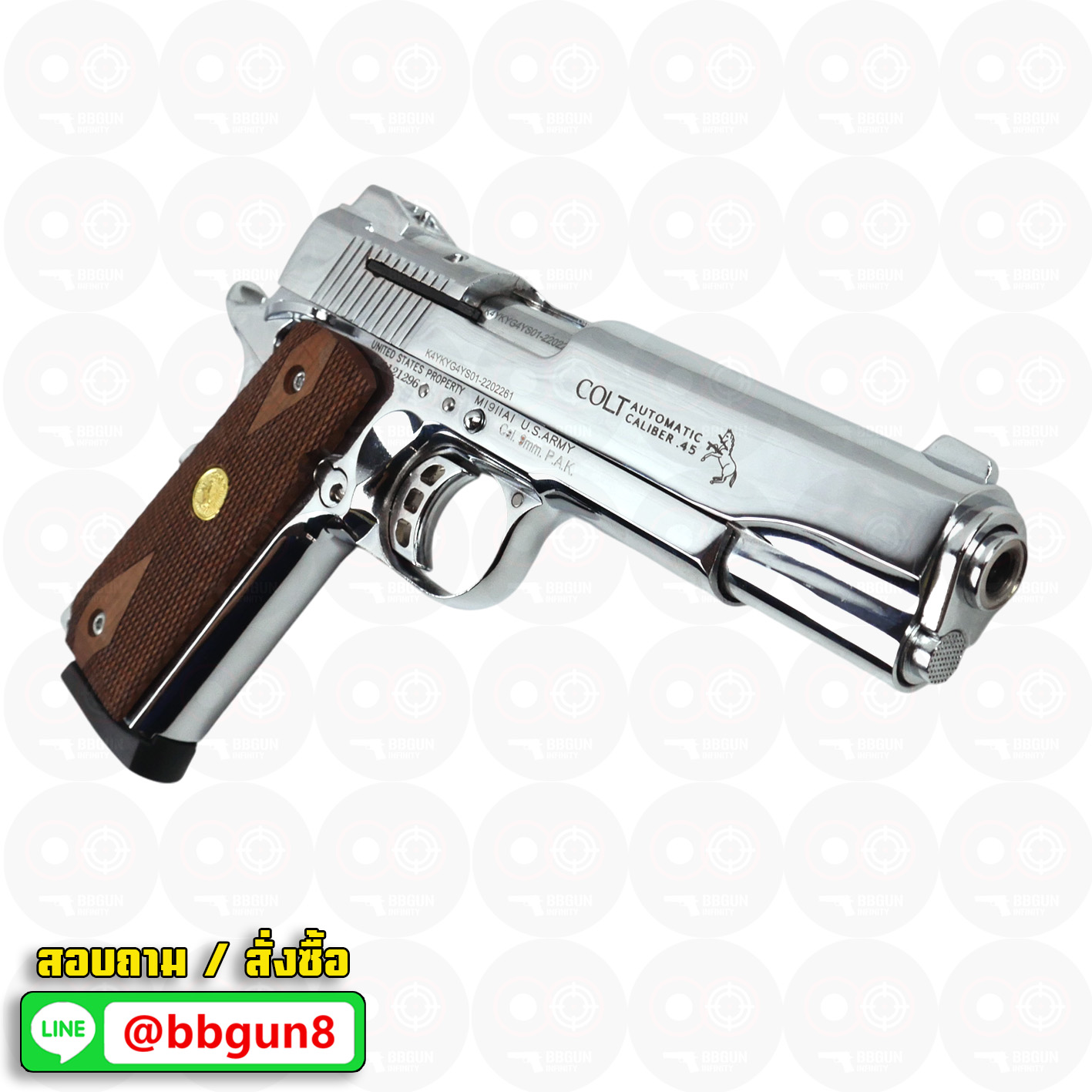 Blank Gun KUZEY M1911 COLT'S DEFENDER SERIES 90 ลำกล้อง 5 นิ้ว เงินเงา แบลงค์กัน ด้ามไม้