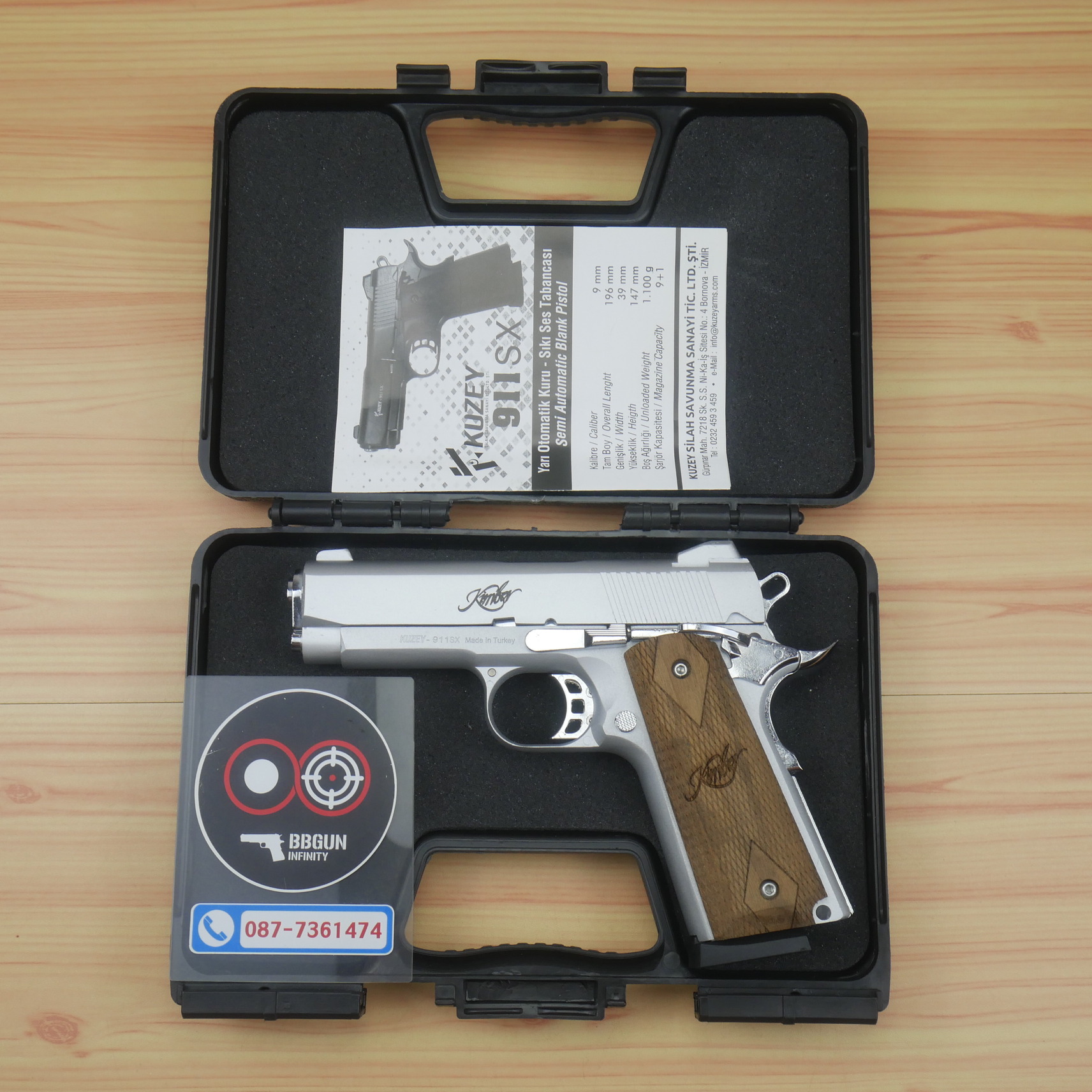 Blank Gun KUZEY Kimber 1911 ลํากล้อง 4 นิ้ว เงินด้าน แบลงค์กัน ด้ามไม้ (แถมกล่องใส่ปืน)