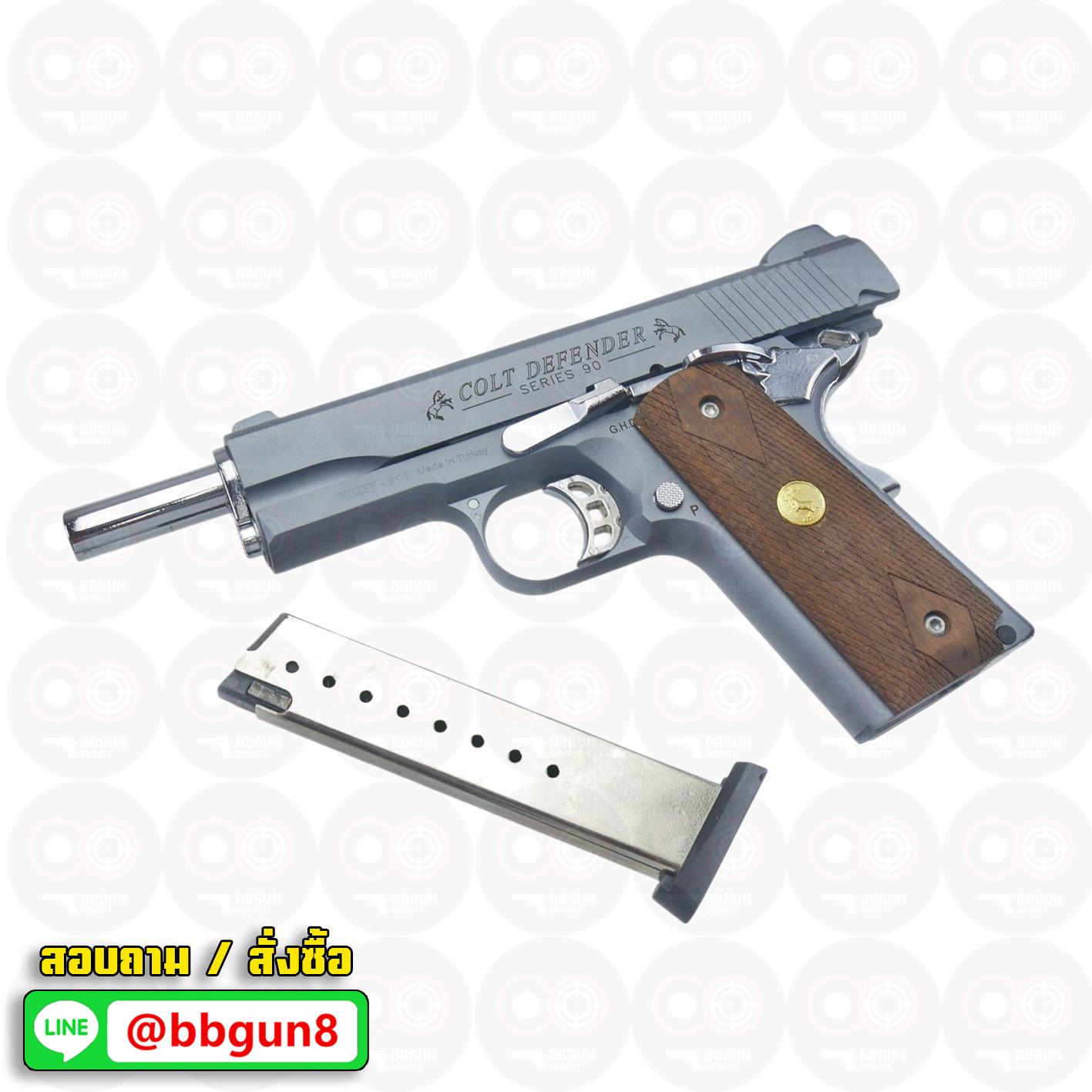 Blank Gun KUZEY M1911 COLT'S DEFENDER SERIES 90 ลำกล้อง 5 นิ้ว สีสโมค แบลงค์กัน ด้ามไม้ (แถมกล่องใส่ปืน)