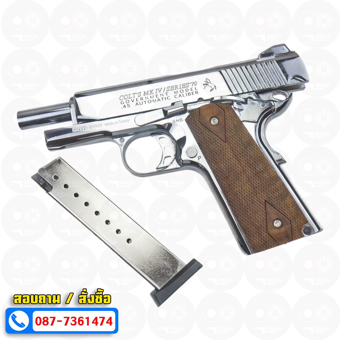 แบลงค์กัน KUZEY M1911 COLT MK IV SR70 สีเงินเงา 4 นิ้ว ด้ามไม้ blank gun