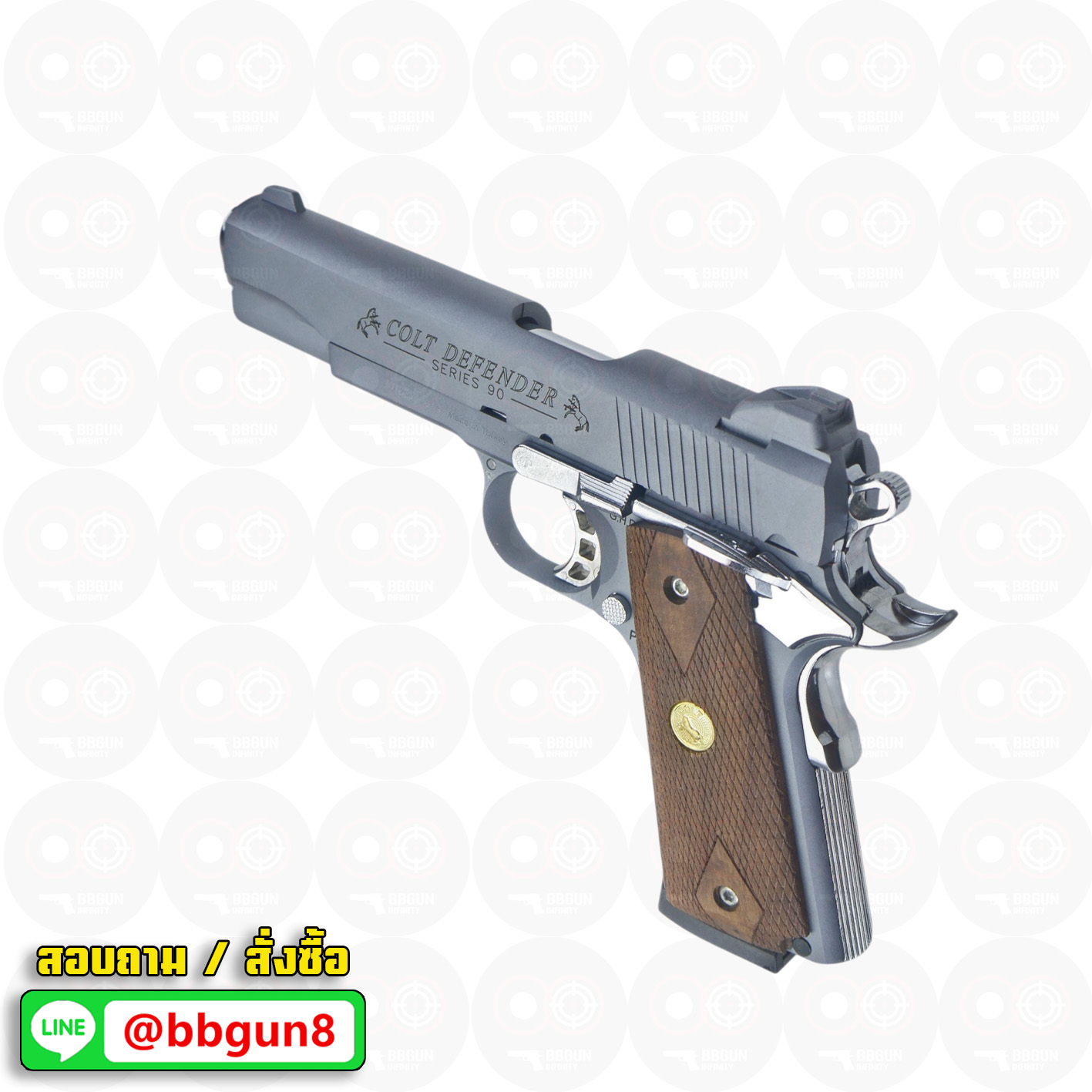 Blank Gun KUZEY M1911 COLT'S DEFENDER SERIES 90 ลำกล้อง 5 นิ้ว สีสโมค แบลงค์กัน ด้ามไม้ (แถมกล่องใส่ปืน)