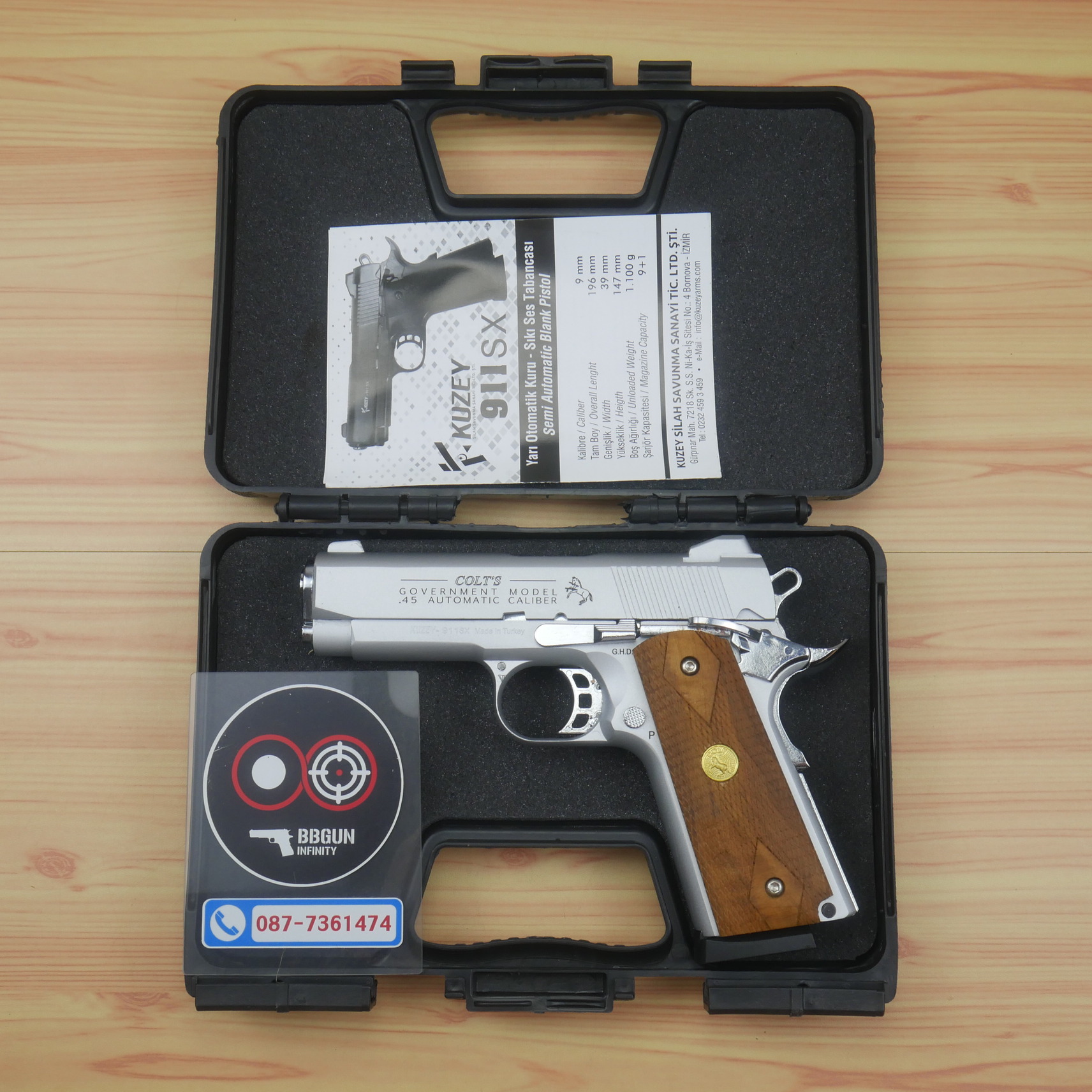 Blank Gun KUZEY Colt Government 100 Years ลํากล้อง 4 นิ้ว เงินด้าน แบลงค์กัน ด้ามไม้ (แถมกล่องใส่ปืน)