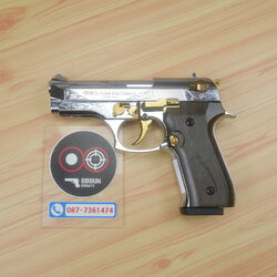 EKOL Jackal Dual Compact M92 (Full Auto) สีเงินเงา ไกทองลาย 4 นิ้ว แบลงค์กันบาเร็ตต้า blank gun