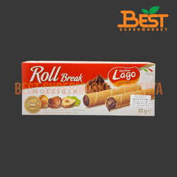 ลาโก้ เวเฟอร์ม้วนสอดไส้ครีมเฮเซลนัท 80 กรัม. Lago Brand Roll Hazelnut. 80 g.