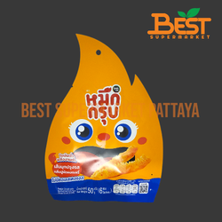 หมึกกรุบ เส้นบุกปรุงรสกลิ่นปูผัดผงกะหรี่ คอนยัค สแน็ค วิท สเตอร์-ฟรายด์ แครบ เคอร์รี่ เฟลเวอร์ 6 ซอง 50 กรัม.Konjac Snack with Stir-Fried Crab Flavor 6 Sachets 50 g. Muek Groob Brand.