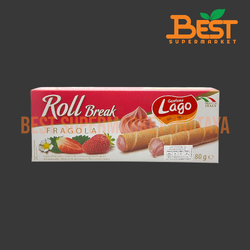 ลาโก้ เวเฟอร์ม้วนสอดไส้ครีมสตรอเบอร์รี่ 80 กรัม. Lago Brand Roll Strawberry. 80 g.