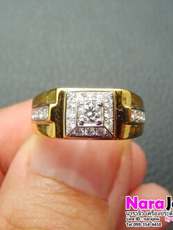 แหวนเพชรชาย ประดับเพชรแท้เบลเยี่ยมคัต เม็ดกลาง 0.13 กะรัต บ่าข้างประดับเพชรแท้