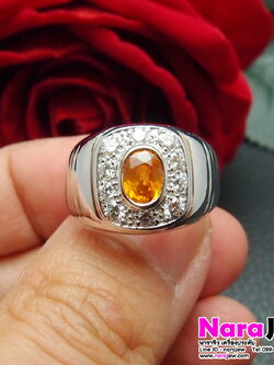 แหวนบุษราคัม บางกะจะ 1.5 กะรัต ล้อมเพชรแท้ 0.66 ct ทองหนาๆ สวมใส่แล้วดูภูมิฐาน สมฐานะ