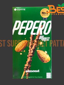 ล็อตเต้ บิสกิตแท่งเคลือบรสช็อกโกแลตและอัลมอนด์ 32 กรัม. x 8 แพ็ค.Lotte Brand.Almond Pepero 32 g. x 8packs