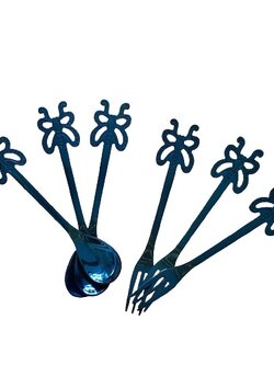 ช้อนกาแฟ และส้อมค็อกเทล รูปผีเสื้อสีน้ำเงิน3คู่ สเตนเลส304 รับประกันปลอดสนิม