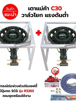 ชุดต่อพ่วง หัวเตาแม่ค้า เตาขนมครก C30 วาล์วโยก ขาเหลี่ยมกลาง ขนาด 40X40X40 ซม. พร้อมอุปกรณ์หัวปรับ เซฟตี้ ครบชุด
