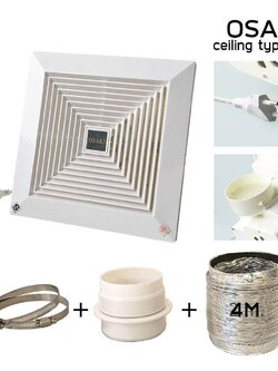 OSAKI พัดลมดูดอากาศติดเพดาน รุ่น 12-16A 6 ขนาด 6" พร้อมสาย ท่อลมฟลอยด์4“ ยาว 4 เมตร เข็มขัดรัดท่อ 4” และข้อต่อท่อลมติดผนัง ABS 4"