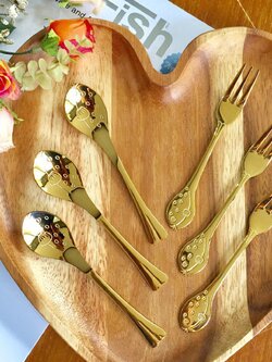 ช้อนกาแฟ และส้อมค็อกเทล รูปปลาปักเป้าสีทอง3คู่ สเตนเลส304 รับประกันปลอดสนิม