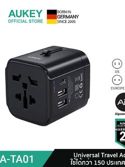 AUKEY หัวแปลงปลั๊กไฟ AUKEY Universal Travel Adapter มาพร้อม ช่อง USB-C และ USB-A รุ่น PA-TA01 สีดำ