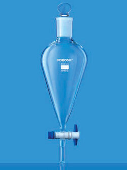 Separating funnel With PTFE plugs, PP Stopper กรวยแยกสารทรงลูกแพร์ ก๊อกปล่อยสสาร PTFE จุกฝาปิด PP 6403