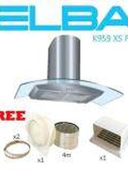 ELBA เครื่องดูดควัน รุ่น K959 XS F90 พร้อม ท่อ ดูดลมยาว 4 เมตร พร้อม เข็มขัดรัด สเตนเลส และ ข้อติดท่อลมออก 6“ และ หน้ากาก ติดภายนอก