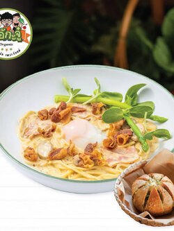 E-voucher Ohkajhu โอ้กะจู๋- Spaghetti Carbonara + Natural yeast garlic bread cream cheese สปาเกตตี้คาโบนาร่า + ขนมปังกระเทียมครีมชีสยีส์ธรรมชาติ