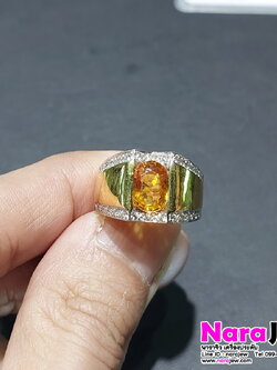 แหวนบุษราคัมชาย ล้อมเพชรแท้ บุษราคัมบางกะจะ นน. 2 กะรัต พร้อมใบเซอร์สถาบันอัญมณี แหวนบุษราคัมหลุดจำนำ